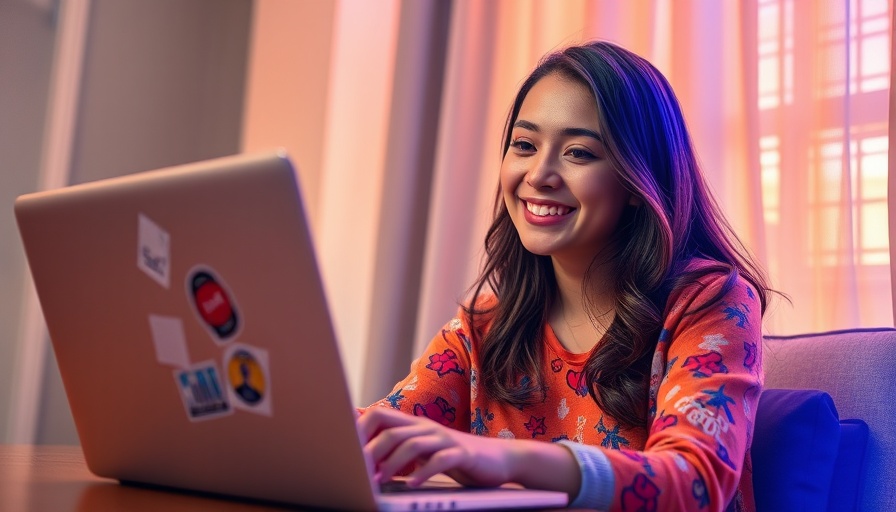 Young woman using AI tools on laptop, colorful digital art.