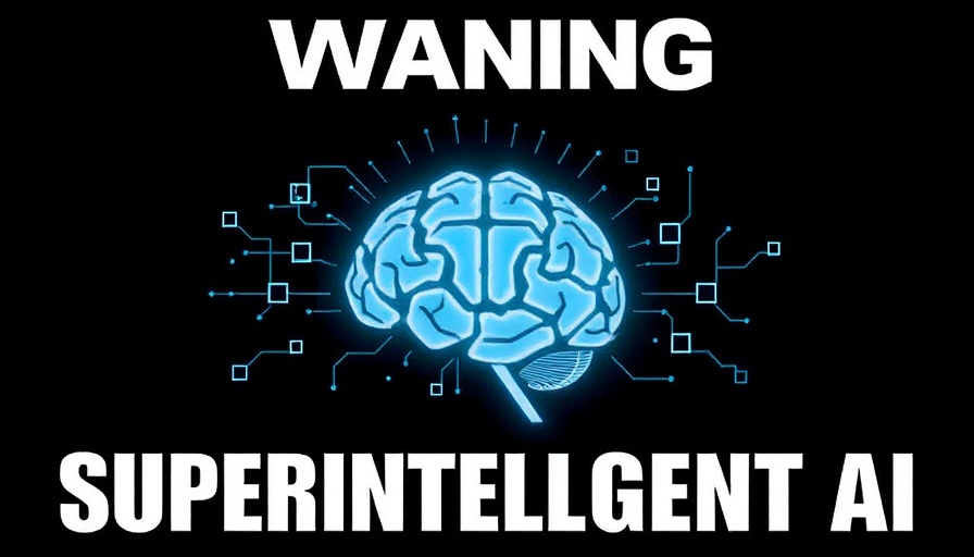 Superintelligent AI warning, bold text with digital brain graphic.