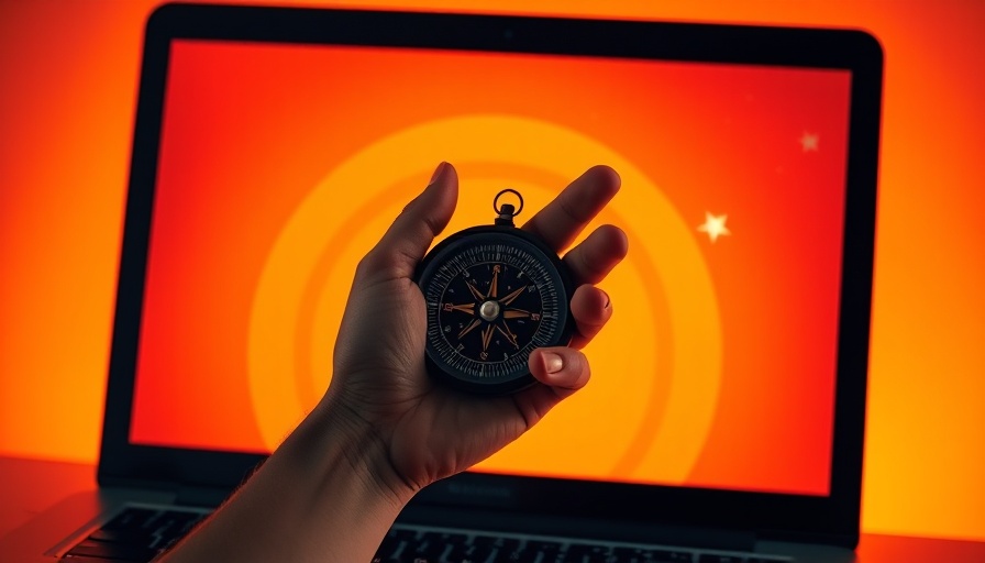 Compass guiding marketing trends on laptop with orange background.