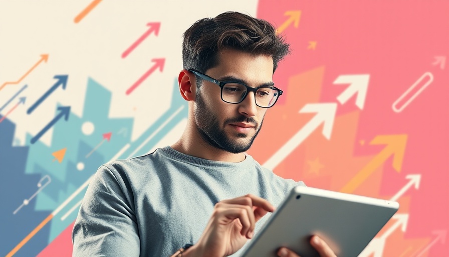 Young man using tablet with graphic background on content mills