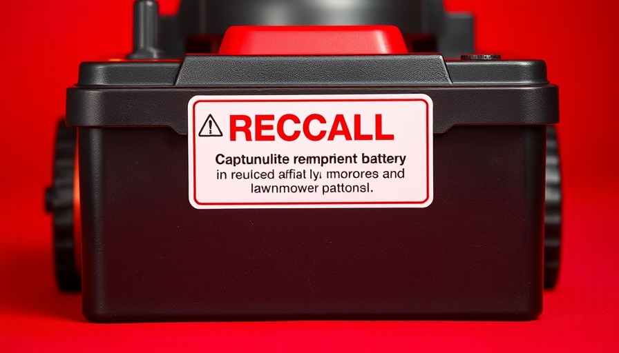 Lawn mower battery recall notice displayed prominently.