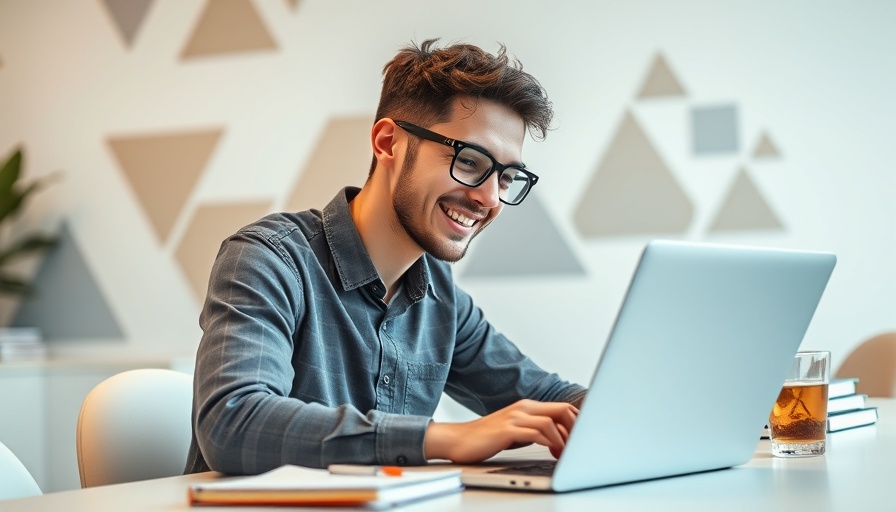 Young man smiling at laptop, working on action plan.