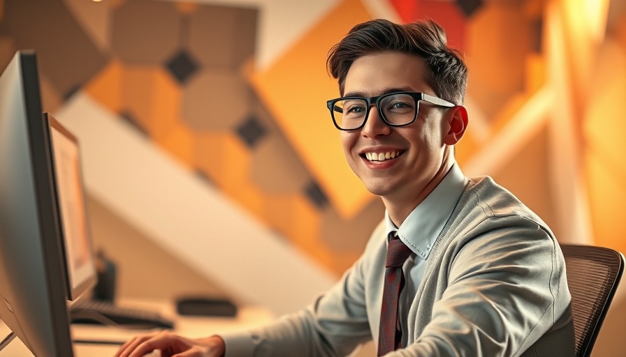 Smiling office worker in modern workspace, media buying theme.