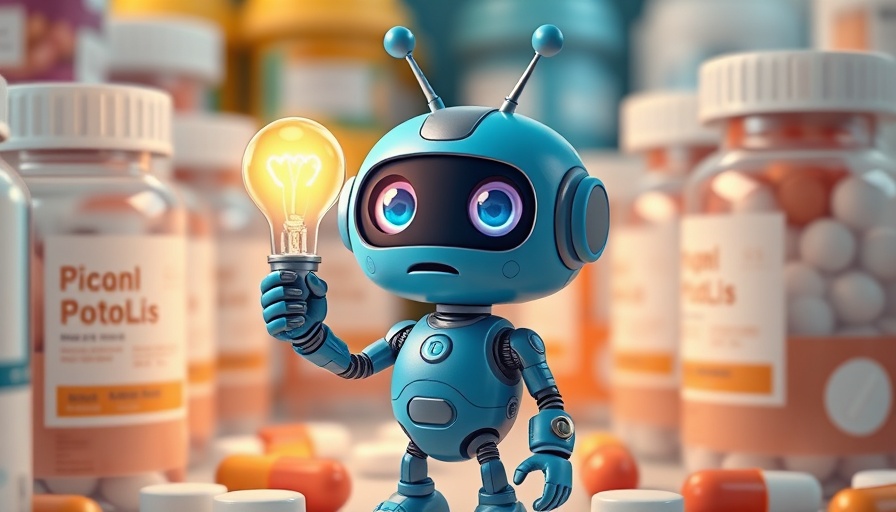 AI drug discovery robot with a lightbulb amidst pill bottles.