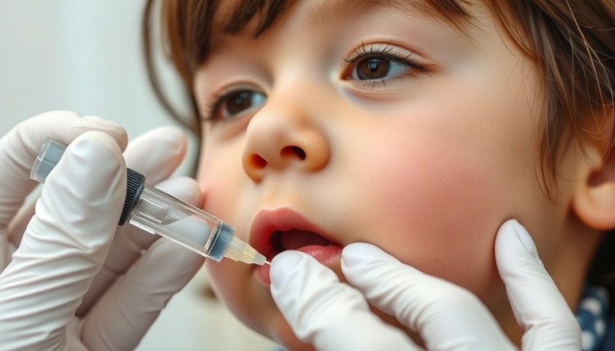 Child receiving oral vaccine in a medical setting.