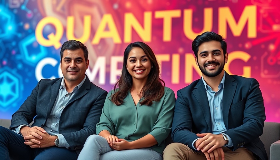 Young professionals discussing quantum computing, dynamic digital backdrop.