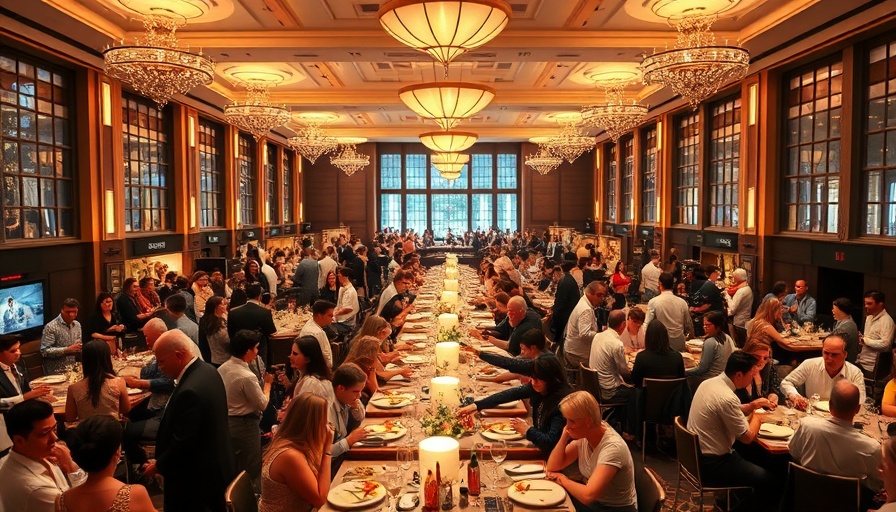 TECH5 event in a large hall with people dining.