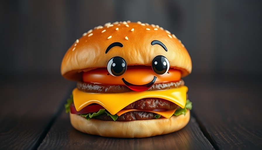 Cheerful animated burger on dark background, representing cultivated meat.