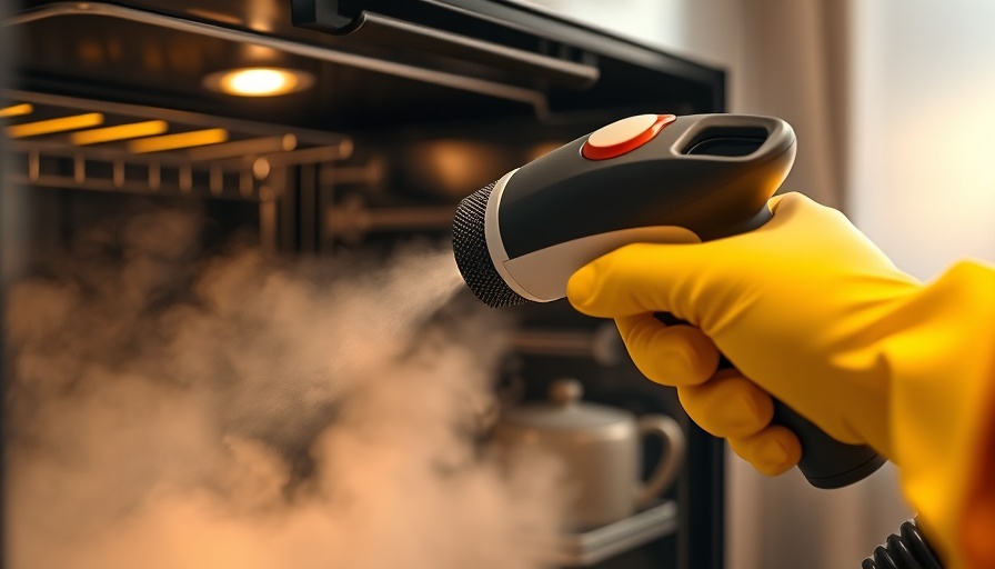 Close-up of steam cleaning an oven with yellow gloves.