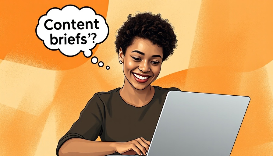 Smiling woman with thought bubble about content briefs at laptop.