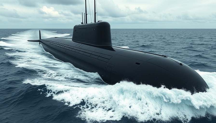 Nuclear submarine cutting through the ocean under a cloudy sky.