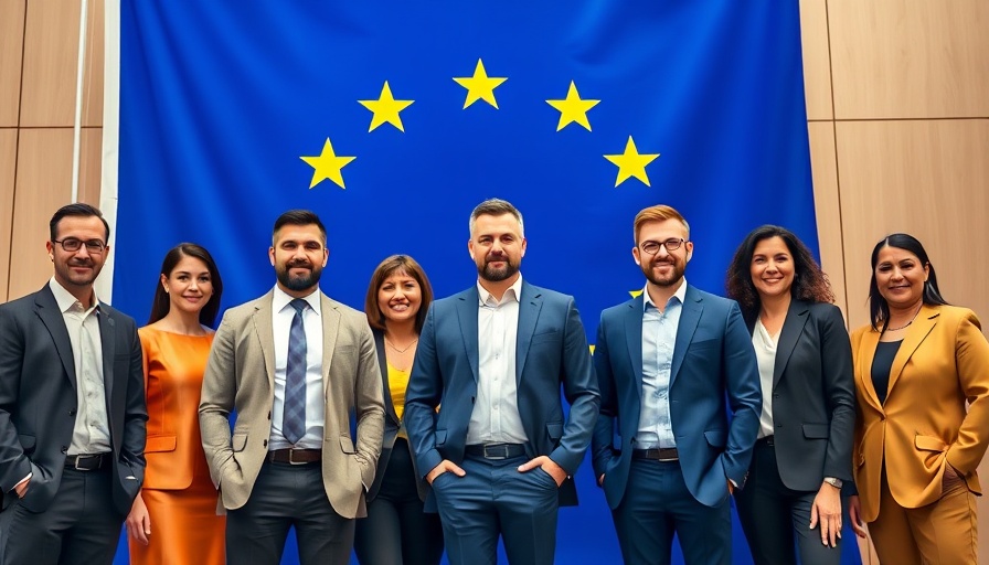 Business leaders with EU flag backdrop, AI infrastructure theme.