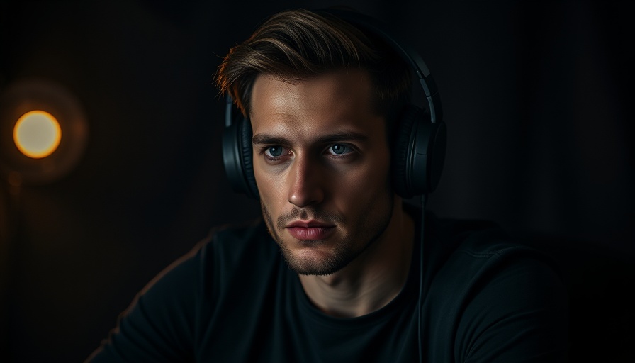 Cinematic portrait of man in a dark studio, morning decisions theme.