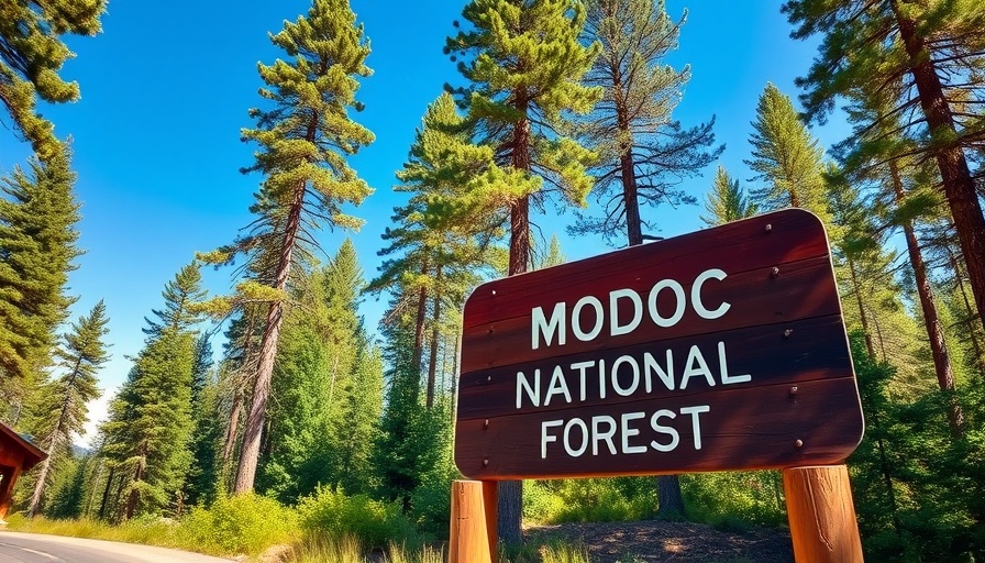 Public Lands sign in Modoc National Forest with trees and sky.