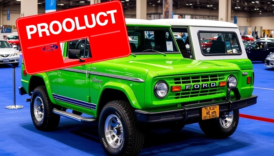 Ford Bronco with recall warning at auto show, blue carpet, vehicles.