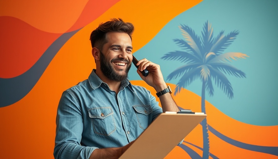 Smiling man on phone with clipboard in abstract setting - keyword mapping