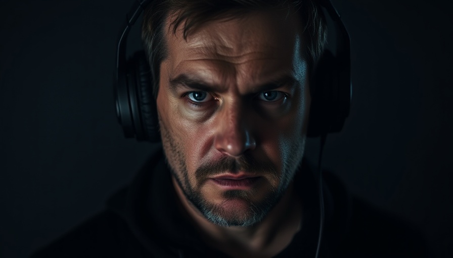 Cinematic portrait of a man wearing headphones, overcoming life's challenges.