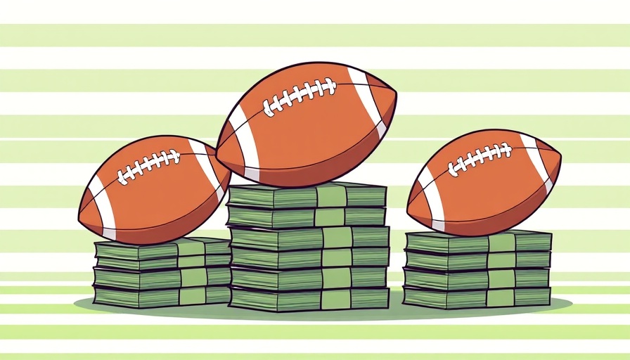 Super Bowl advertising costs represented by footballs on money piles.