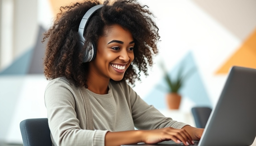 Smiling woman using laptop for content marketing budget planning.