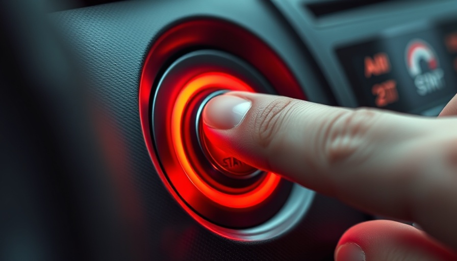 Finger pressing car start/stop button, close-up detail.