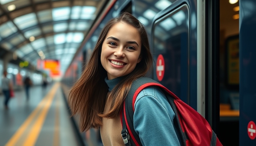 TravelPerk acquisition: Smiling backpacker on train journey.