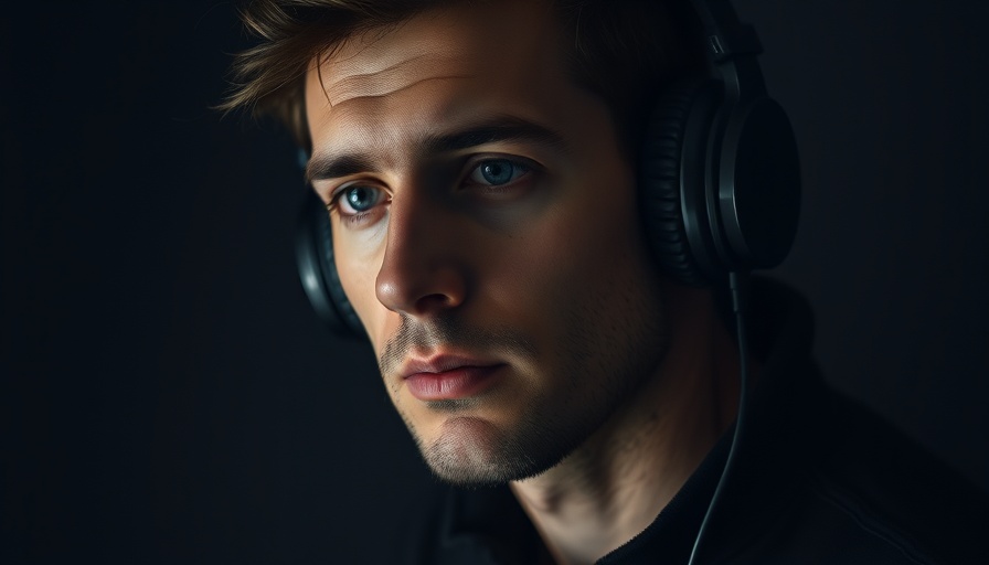 Moody portrait of man with headphones reflecting on self-empowerment.