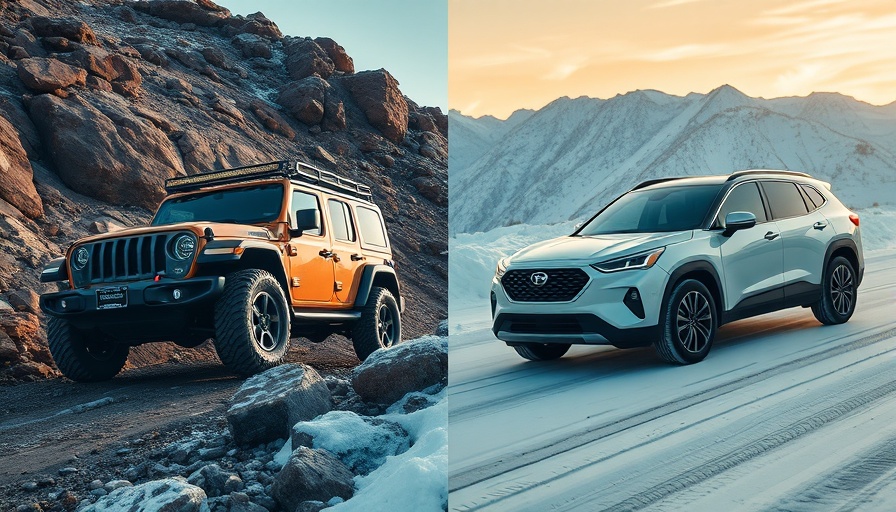 4WD vs AWD: SUV on rocks and crossover on snow.