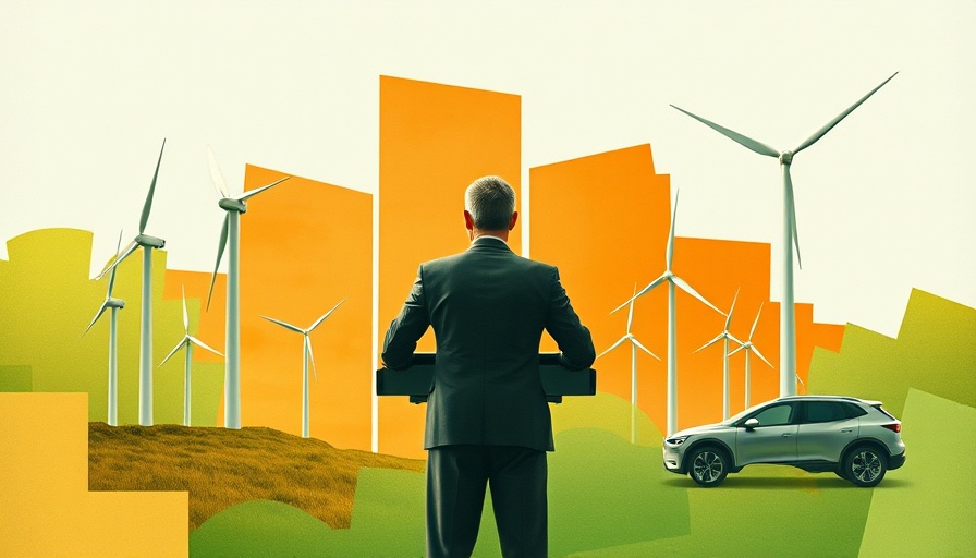 Surreal climate tech illustration with wind turbines and electric car.