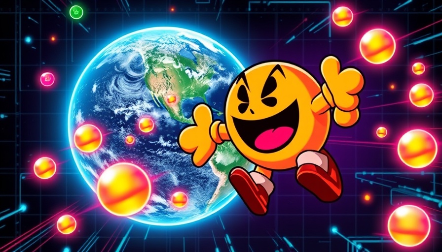 Retro Pac-Man and orbs over Earth, tech-themed illustration.