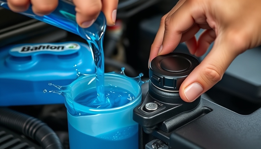 DIY Windshield Wiper Fluid: Pouring blue liquid into car reservoir.