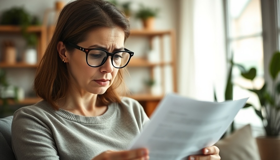 Concerned woman reading home insurance cancellation letter on couch.