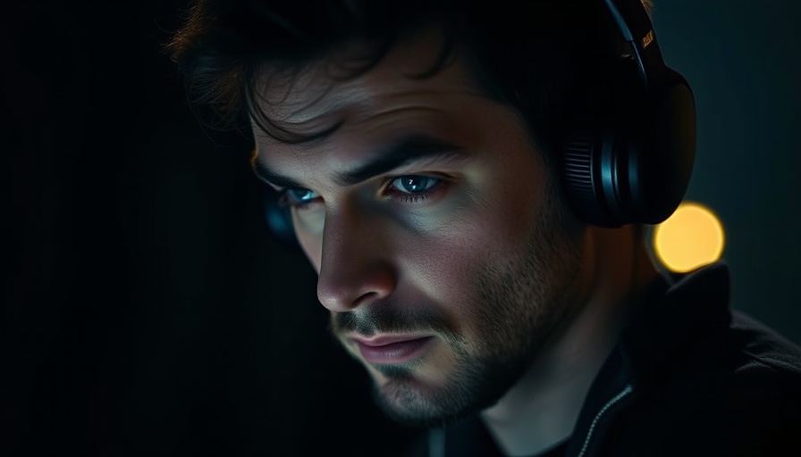 Intense focus of a man listening to a podcast, dark backdrop.