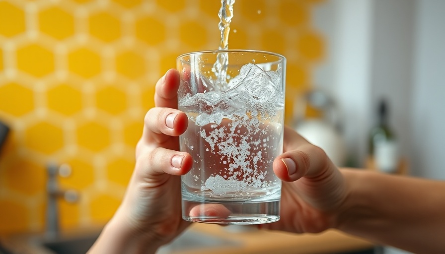 Glass with white flakes in water being filled in a modern kitchen.