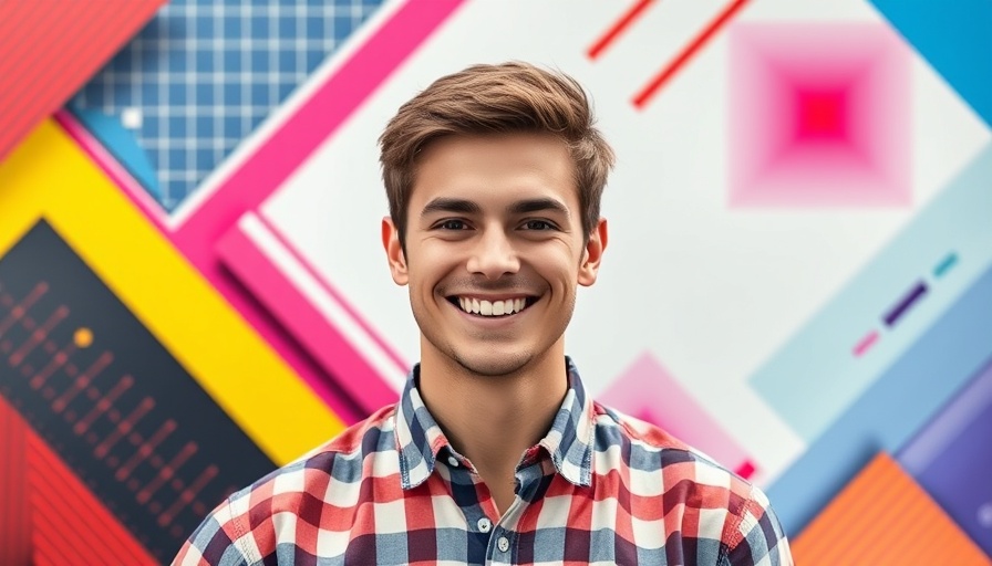 Smiling man with checkered shirt, creative modern backdrop, Jaguar rebrand