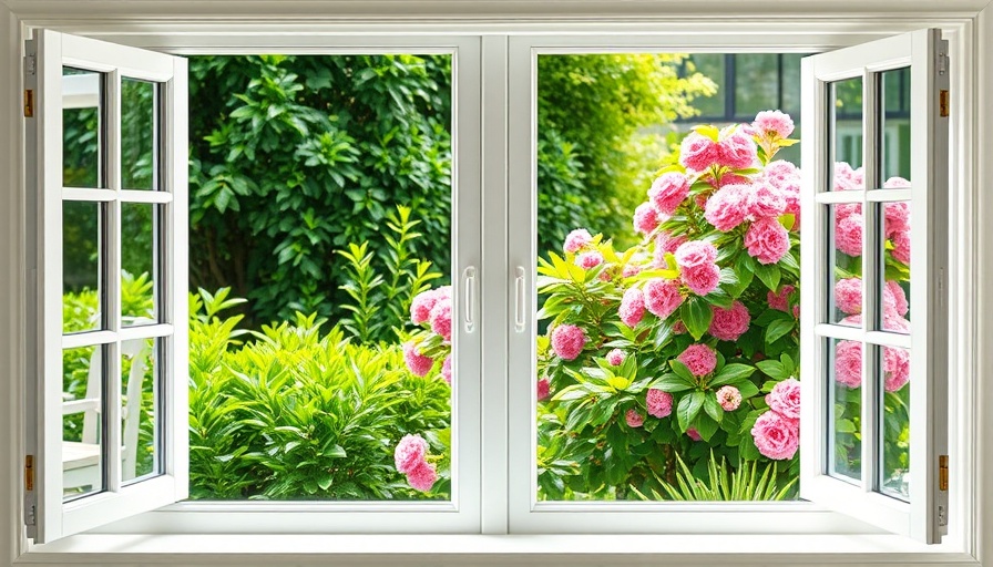 Bright dual pane windows open to a garden view with colorful foliage.