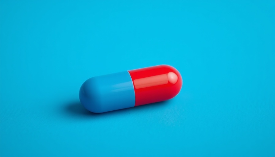 Vibrant pill symbolizing AI in drug development on a blue background.