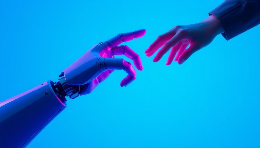 Surreal digital art of robotic and human hand interaction.