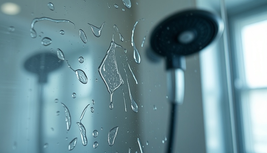 Close-up of shower door with hard water stains on glass.