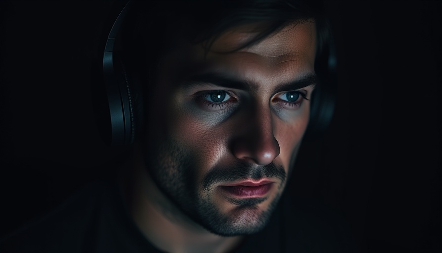 Focused man with headphones in a dark podcast setting, power of persistence.