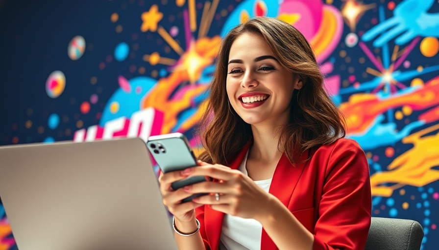 Joyful young woman in promotional video graphic.