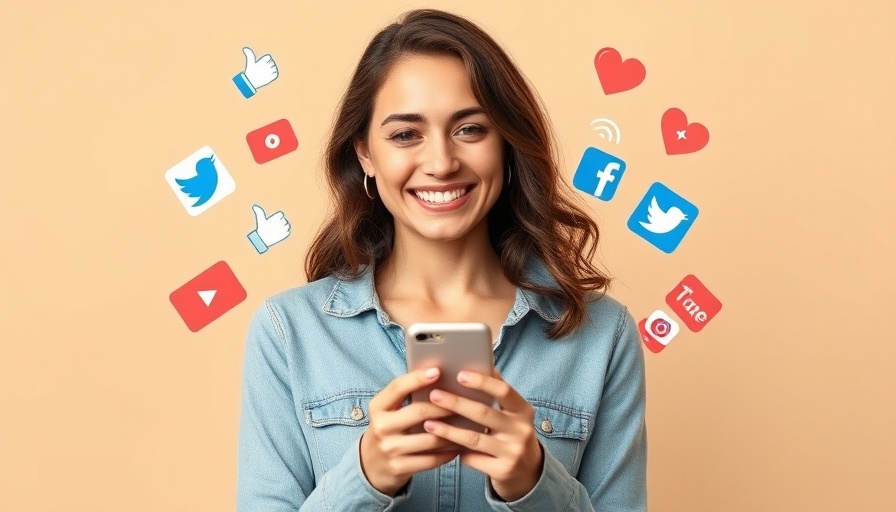 Smiling woman with phone, Instagram captions context, vibrant social media icons