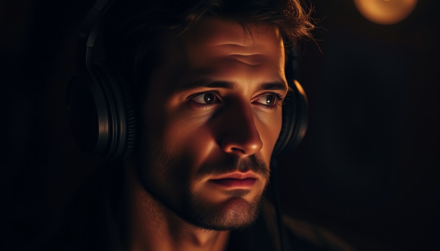 Moody portrait of a man in headphones, conveying resilience, cinematic photo.