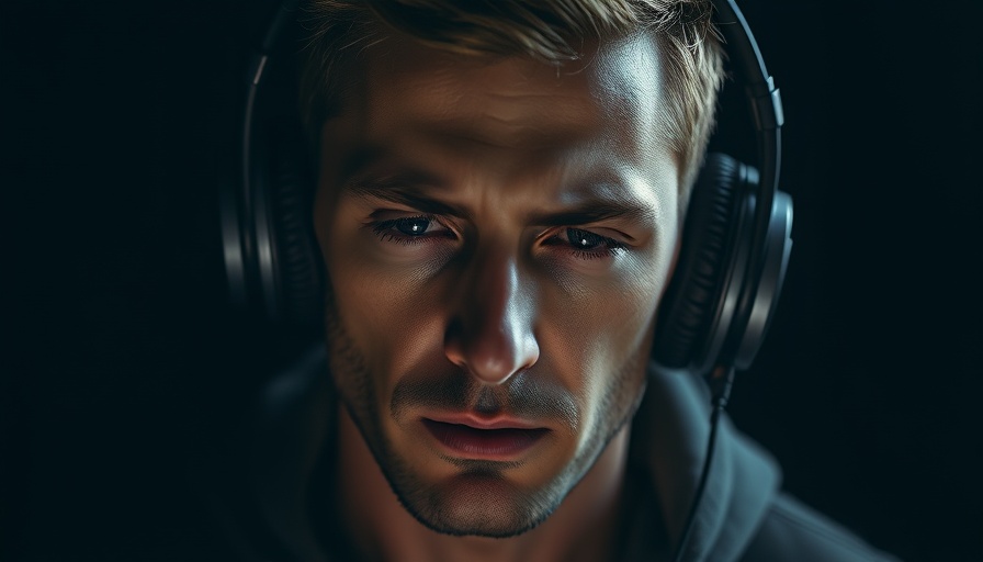 Moody portrait of man with headphones, focused expression.