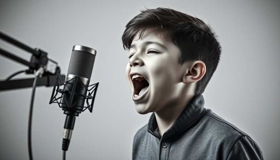 Young boy singing into microphone, AI language processing