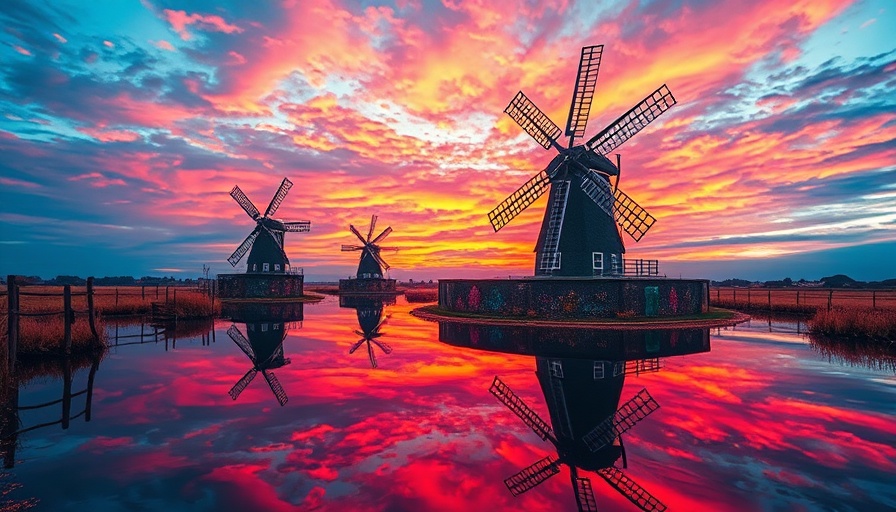 Vivid surreal landscape with windmills reflecting on water, vibrant colors.