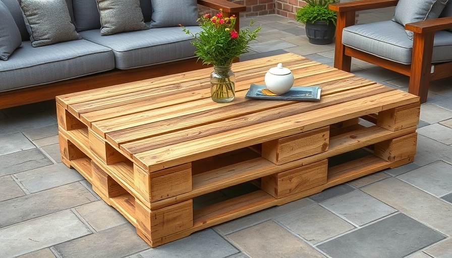 Rustic pallet table DIY project on a patio with grey sofas.