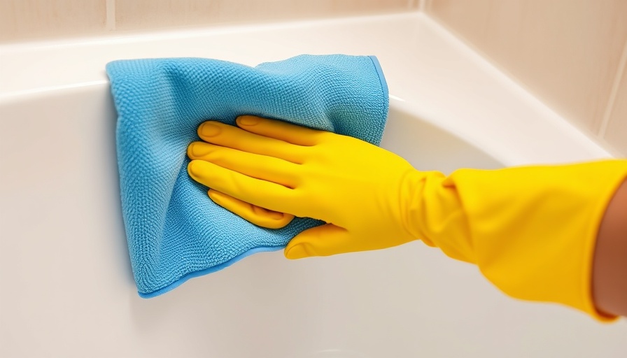 Bathroom cleaning tips: Yellow glove cleaning bathtub with blue cloth.