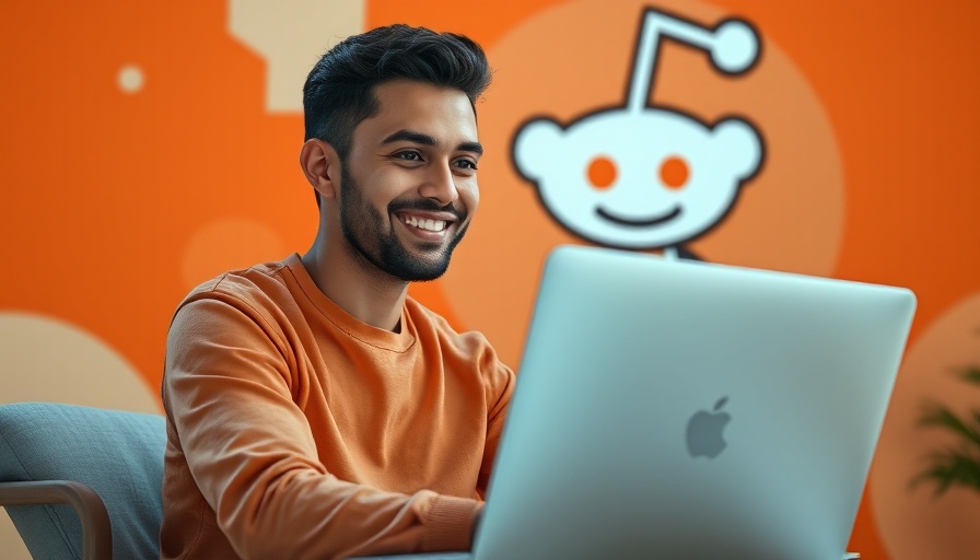 Young man smiling with laptop, modern Reddit logo, digital art.