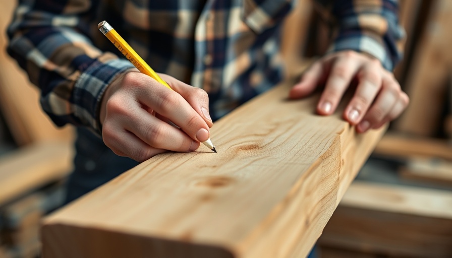 Close-up of measuring rough-sawn lumber with a tape measure and pencil.