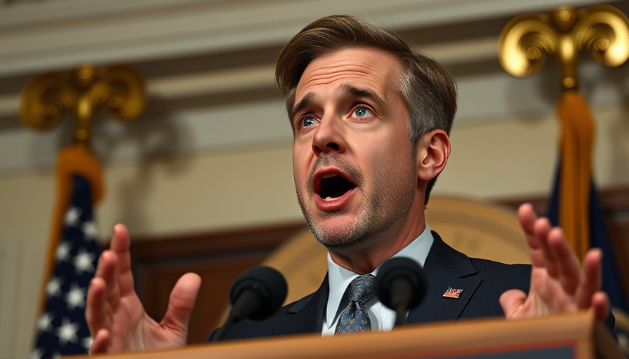 Enthusiastic speaker at a podium in an official setting.